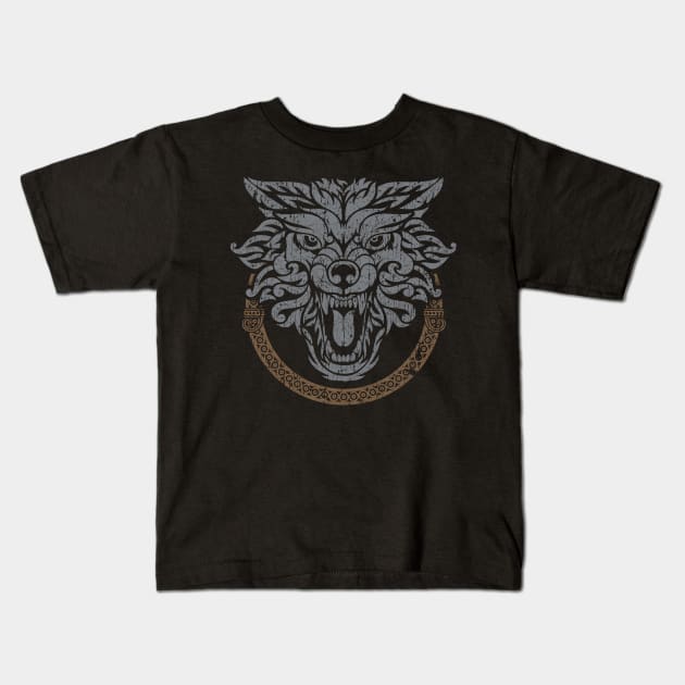 Norse Fenrir Wolf Ragnarok Viking Pagan Mythology Kids T-Shirt by Blue Pagan